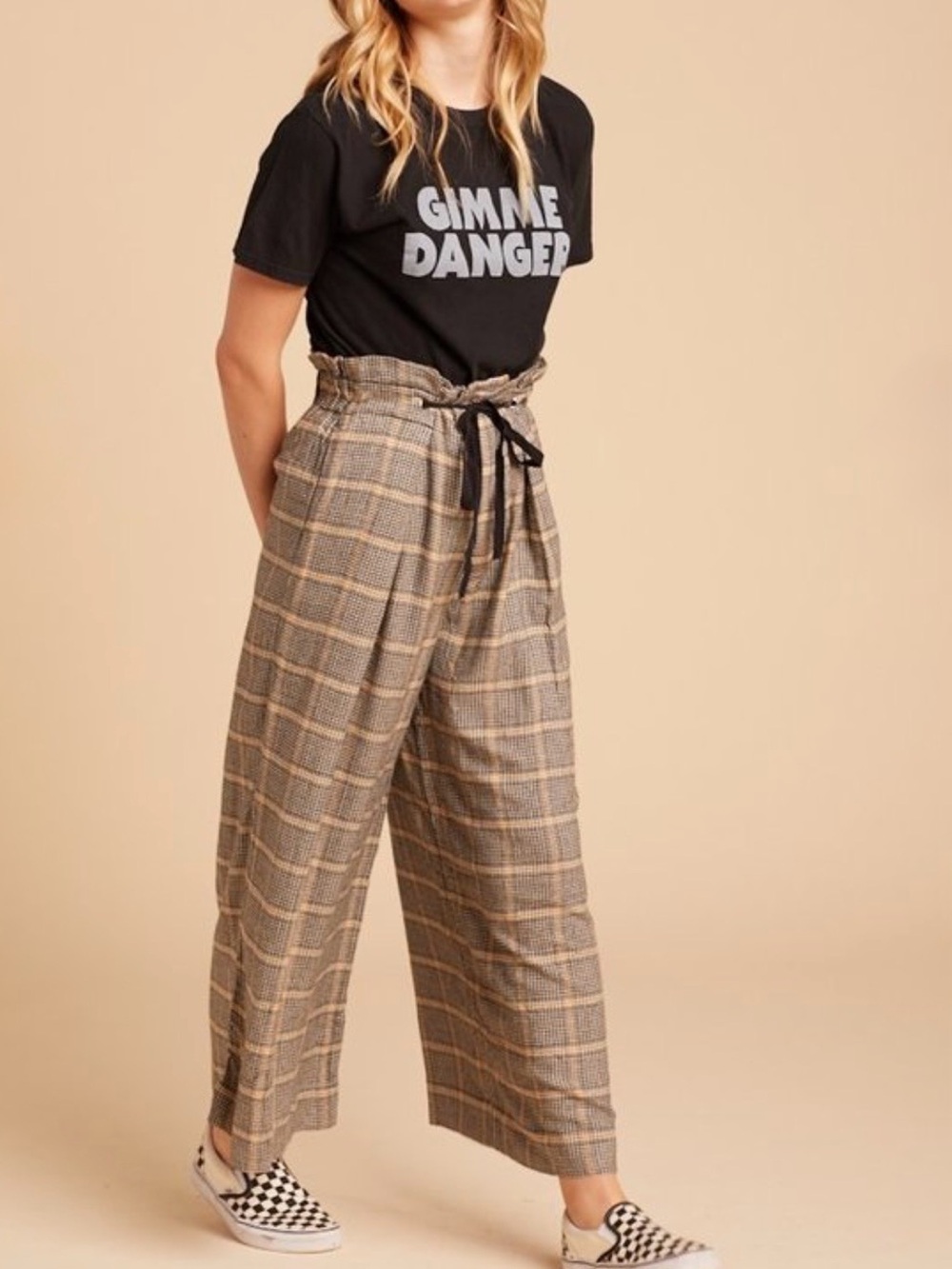 Free People Charlie Plaid Wide Leg Cropped Pants Paperbag Waist Sz S EUC - Picture 3 of 10